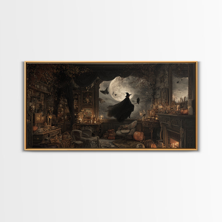The Moonlit Witch, Wide Panoramic Art, Haunted Gothic Art, Framed Canvas Print, Halloween Wall Decor, Gothic Home Decor, Halloween Wall Art