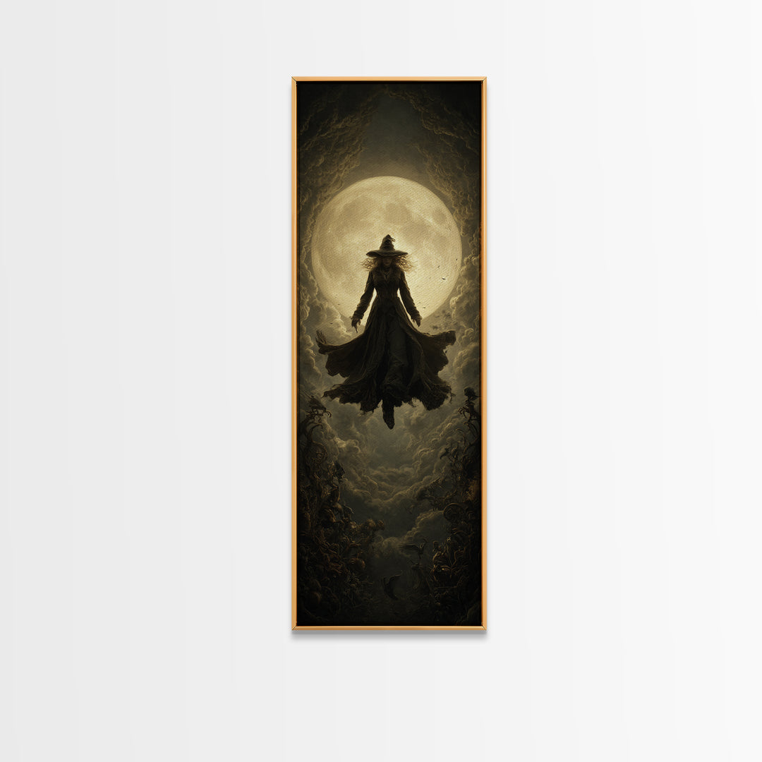 The Moonlit Witch, Tall Narrow Wall Art, Macabre Wall Art, Framed Canvas Print, Halloween Wall Decor, Gothic Home Decor, Halloween Wall Art