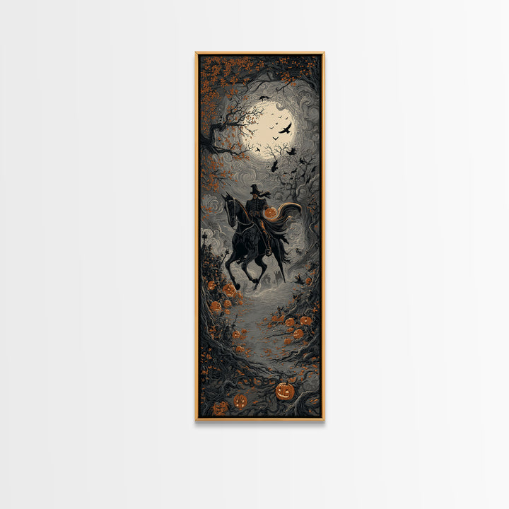 The Headless Horseman, Tall Narrow Wall Art, Haunted Gothic Art, Framed Canvas Print, Halloween Wall Decor, Gothic Home Decor