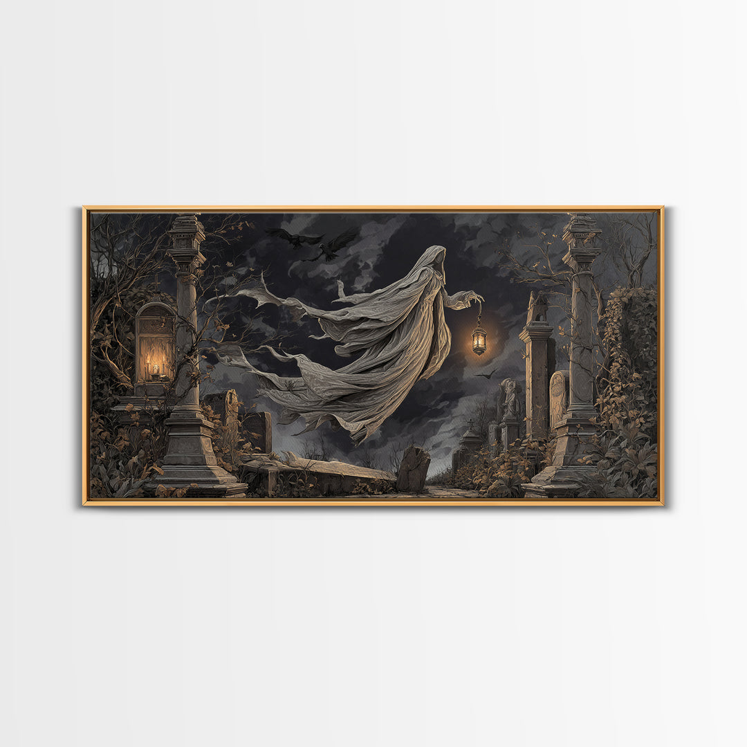 The Graveyard Ghost, Wide Panoramic Art, Gothic Horror Wall Art, Framed Canvas Print, Halloween Wall Decor, Gothic Home Decor