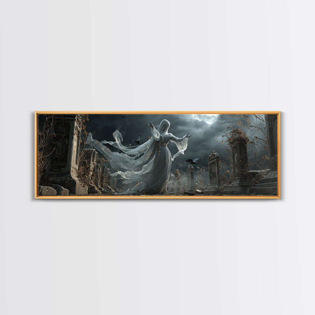 The Graveyard Ghost, Extra Wide Wall Art, Macabre Wall Art, Framed Canvas Print, Halloween Wall Decor, Gothic Home Decor
