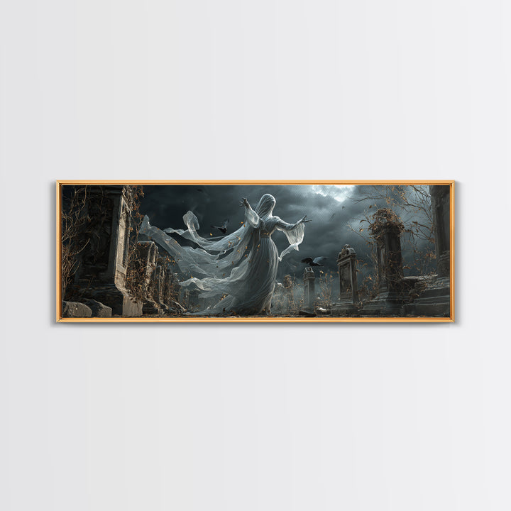 The Graveyard Ghost, Extra Wide Wall Art, Macabre Wall Art, Framed Canvas Print, Halloween Wall Decor, Gothic Home Decor