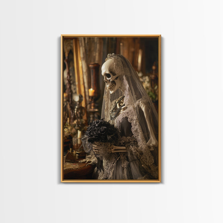 The Skeletal Bride, Vertical Wall Art, Macabre Wall Art, Framed Canvas Print, Halloween Wall Decor, Gothic Home Decor, Spooky Wall Decor