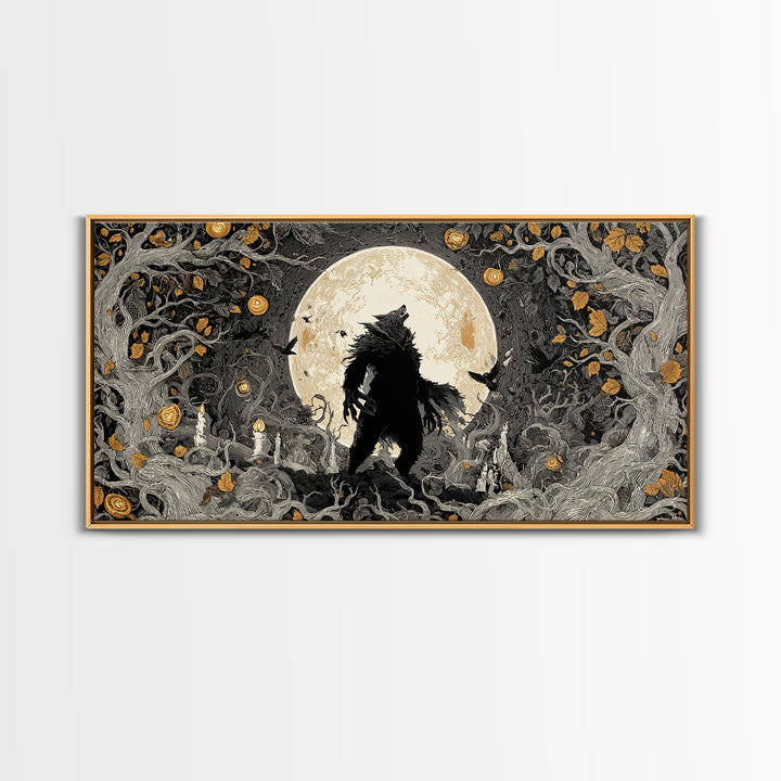 The Moon-Cursed Werewolf, Wide Panoramic Art, Macabre Wall Art, Framed Canvas Print, Halloween Wall Decor, Gothic Home Decor