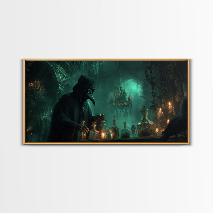 The Plague Doctor, Wide Panoramic Art, Macabre Wall Art, Framed Canvas Print, Halloween Wall Decor, Gothic Home Decor, Halloween Wall Art