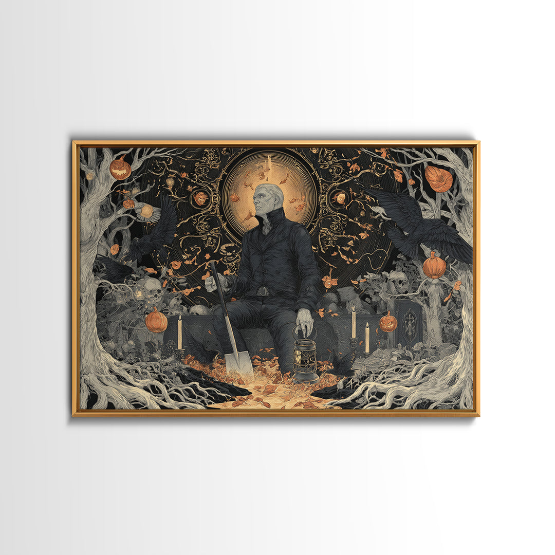 The Lantern Gravedigger, Landscape Wall Art, Gothic Horror Wall Art, Framed Canvas Print, Halloween Wall Decor, Gothic Home Decor