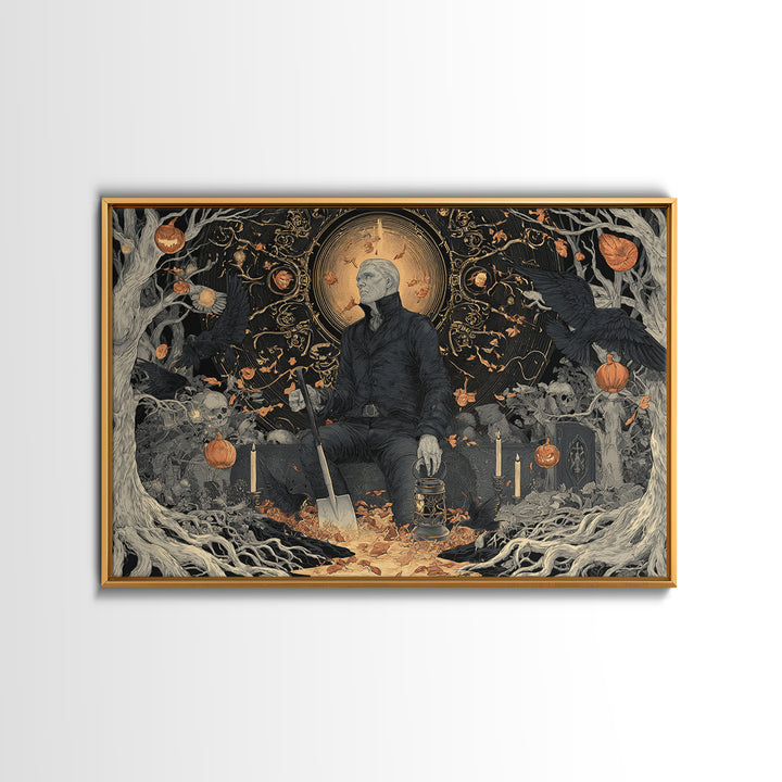 The Lantern Gravedigger, Landscape Wall Art, Gothic Horror Wall Art, Framed Canvas Print, Halloween Wall Decor, Gothic Home Decor