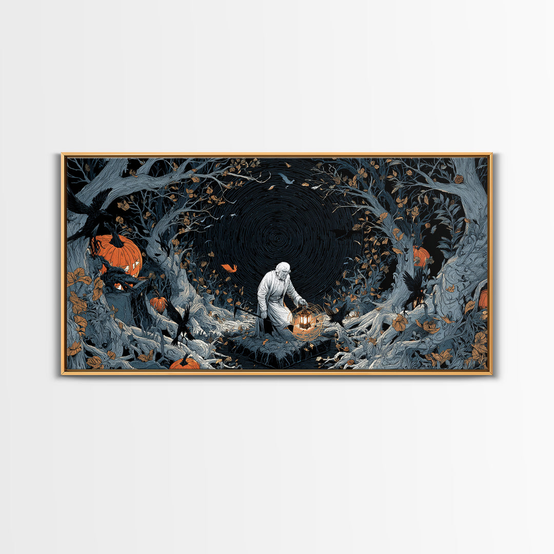 The Lantern Gravedigger, Wide Panoramic Art, Spooky Home Decor, Canvas Print, Halloween Wall Decor, Gothic Home Decor, Spooky Wall Decor