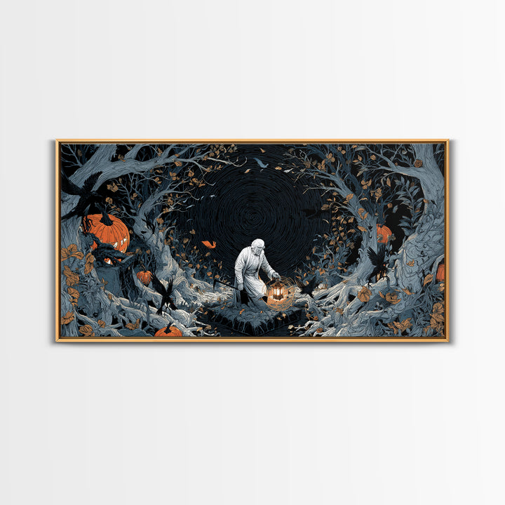 The Lantern Gravedigger, Wide Panoramic Art, Spooky Home Decor, Canvas Print, Halloween Wall Decor, Gothic Home Decor, Spooky Wall Decor