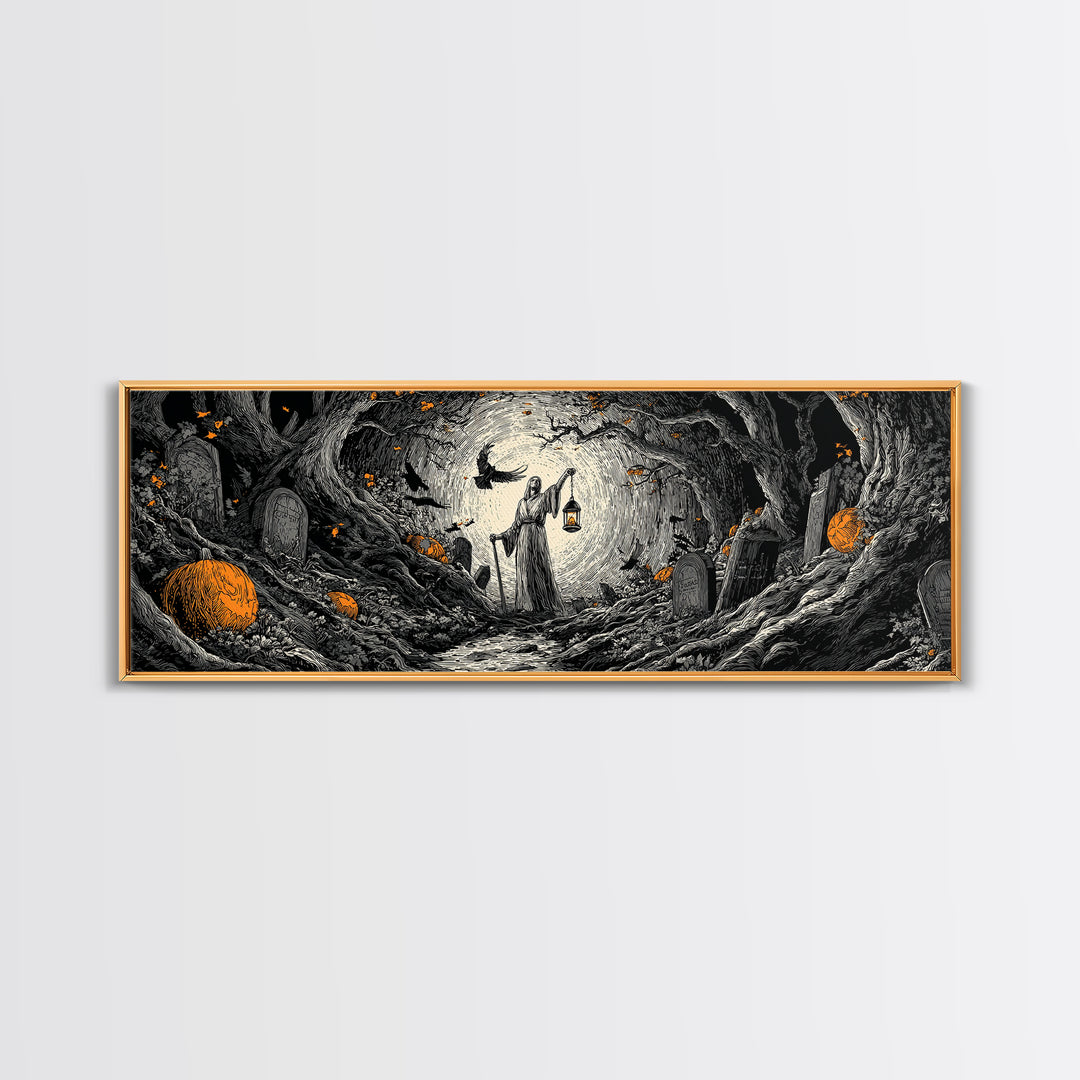 The Lantern Gravedigger, Extra Wide Wall Art, Gothic Horror Wall Art, Framed Canvas Print, Halloween Wall Decor, Gothic Home Decor