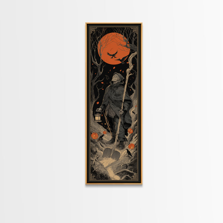 The Lantern Gravedigger, Tall Narrow Wall Art, Macabre Wall Art, Framed Canvas Print, Halloween Wall Decor, Gothic Home Decor