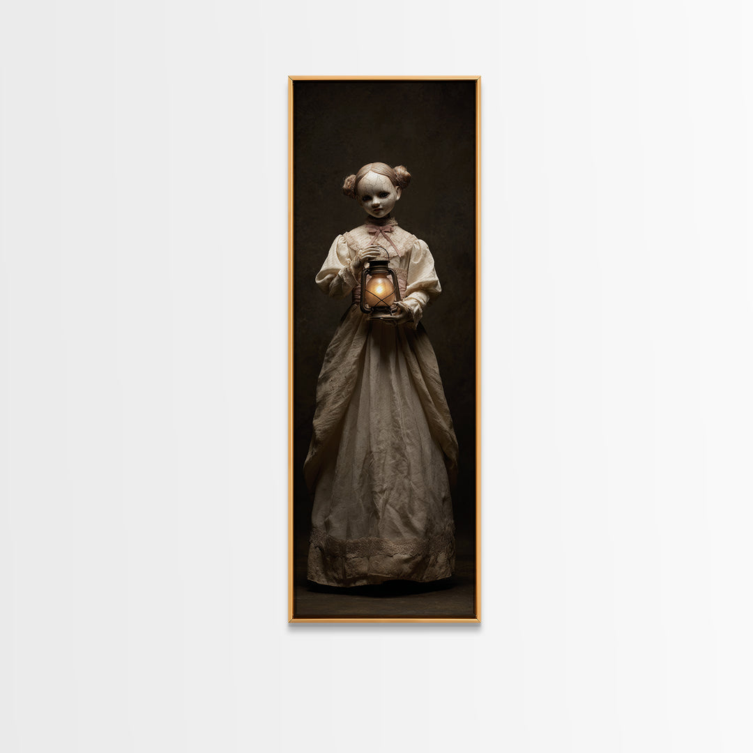 The Haunted Porcelain Doll, Tall Narrow Wall Art, Macabre Wall Art, Framed Canvas Print, Halloween Wall Decor, Gothic Home Decor