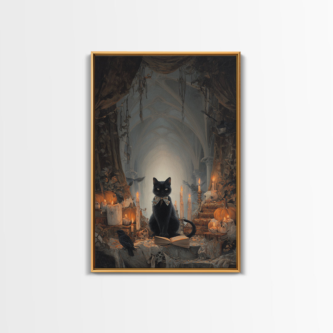 The Black Cat Familiar, Vertical Wall Art, Gothic Horror Wall Art, Framed Canvas Print, Halloween Wall Decor, Gothic Home Decor