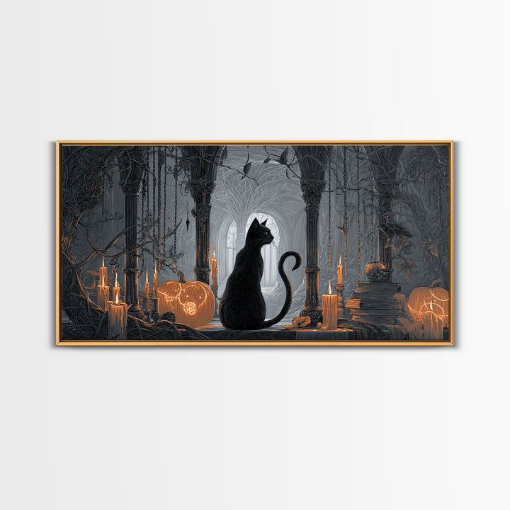 The Black Cat Familiar, Wide Panoramic Art, Haunted Gothic Art, Framed Canvas Print, Halloween Wall Decor, Gothic Home Decor