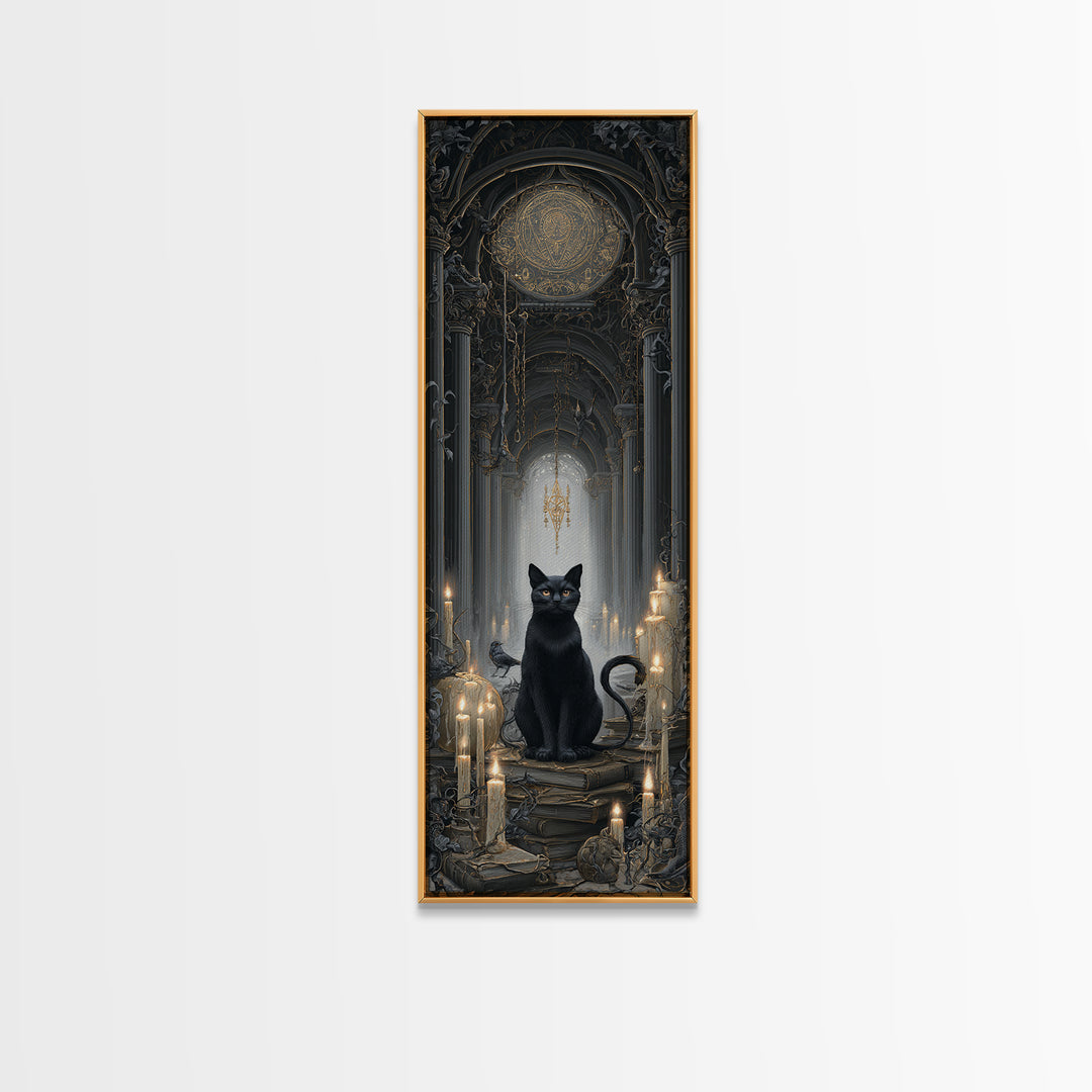 The Black Cat Familiar, Tall Narrow Wall Art, Dark Fantasy Wall Art, Canvas Print, Halloween Wall Decor, Gothic Home Decor