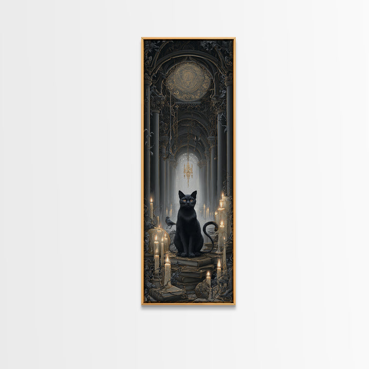 The Black Cat Familiar, Tall Narrow Wall Art, Dark Fantasy Wall Art, Canvas Print, Halloween Wall Decor, Gothic Home Decor