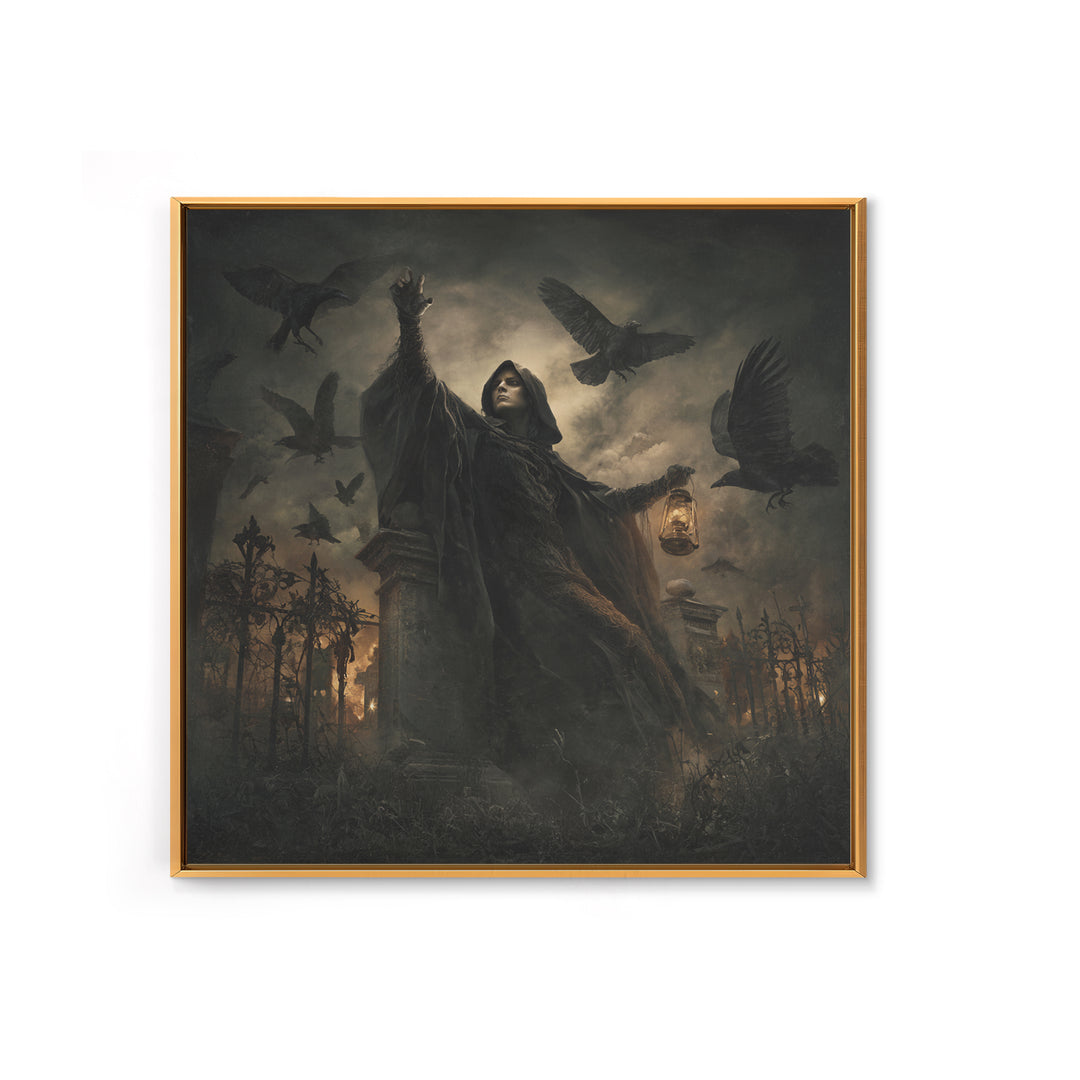 The Raven Keeper, Square Wall Art, Macabre Wall Art, Framed Canvas Print, Halloween Wall Decor, Gothic Home Decor, Halloween Wall Art