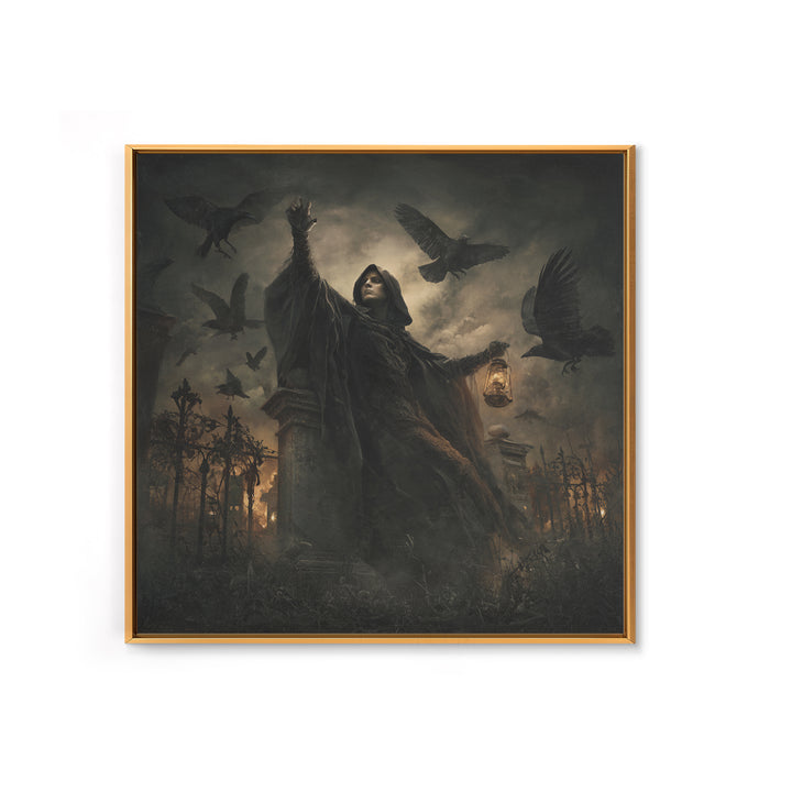 The Raven Keeper, Square Wall Art, Macabre Wall Art, Framed Canvas Print, Halloween Wall Decor, Gothic Home Decor, Halloween Wall Art