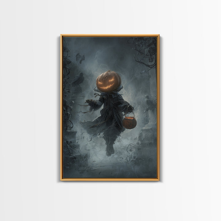 The Pumpkin-Headed Child, Vertical Wall Art, Haunted Gothic Art, Framed Canvas Print, Halloween Wall Decor, Gothic Home Decor