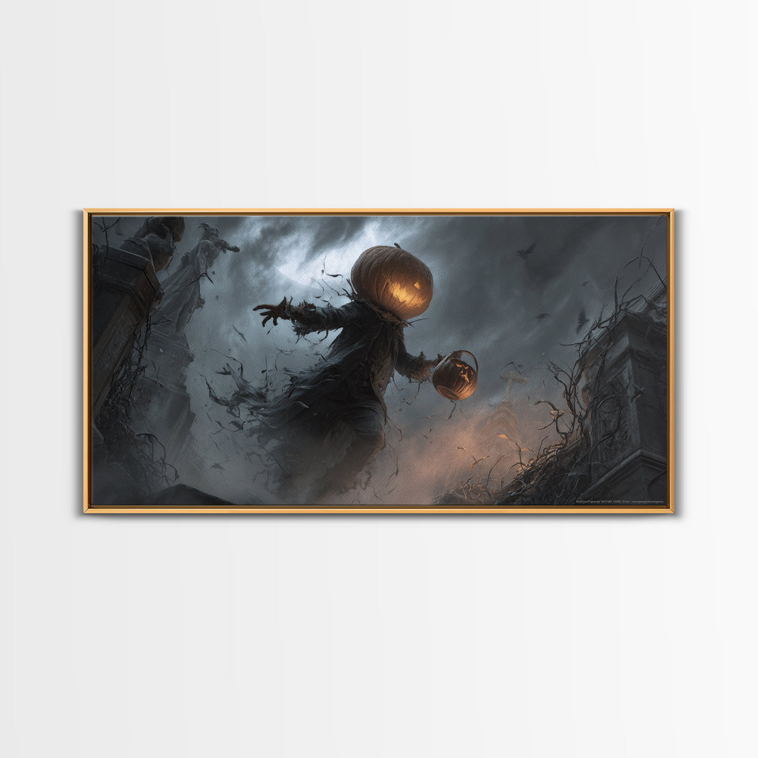 The Pumpkin-Headed Child, Wide Panoramic Art, Gothic Horror Wall Art, Framed Canvas Print, Halloween Wall Decor, Gothic Home Decor