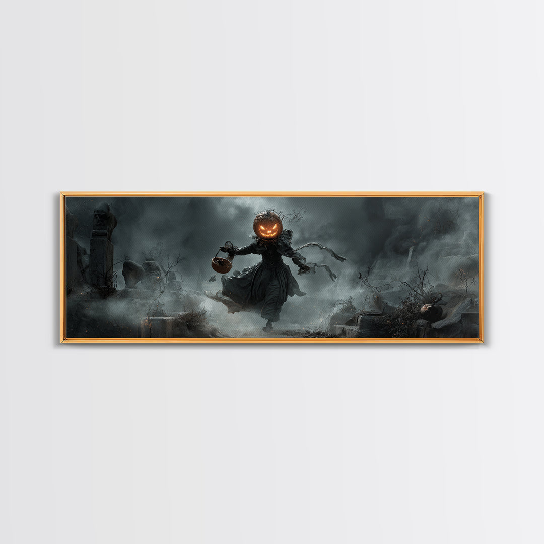 The Pumpkin-Headed Child, Extra Wide Wall Art, Dark Fantasy Wall Art, Canvas Print, Halloween Wall Decor, Gothic Home Decor