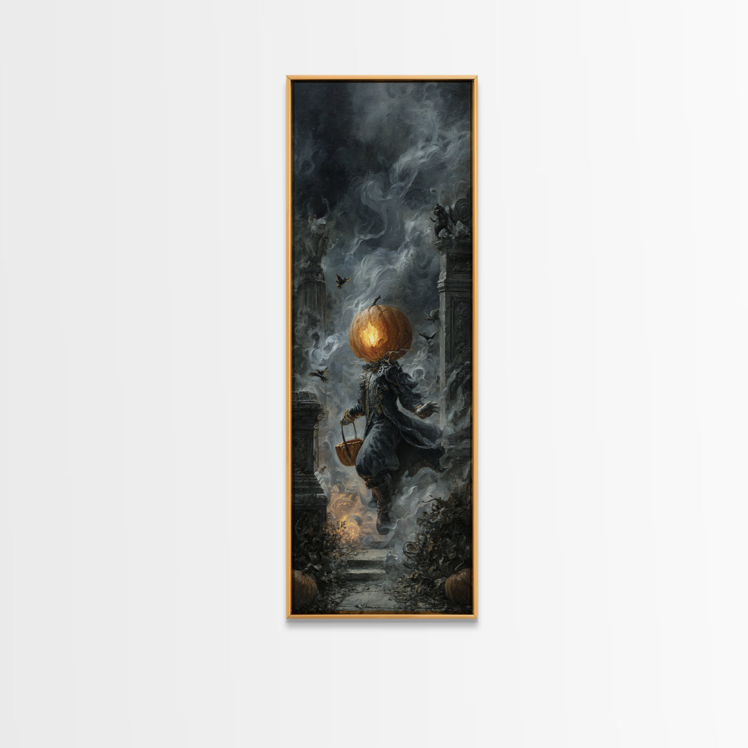 The Pumpkin-Headed Child, Tall Narrow Wall Art, Haunted Gothic Art, Framed Canvas Print, Halloween Wall Decor, Gothic Home Decor