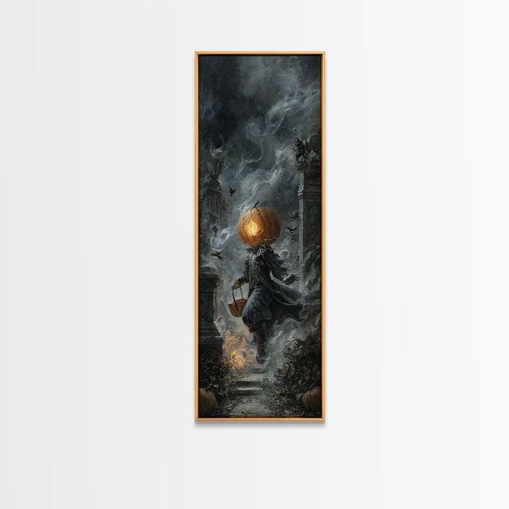 The Pumpkin-Headed Child, Tall Narrow Wall Art, Haunted Gothic Art, Framed Canvas Print, Halloween Wall Decor, Gothic Home Decor