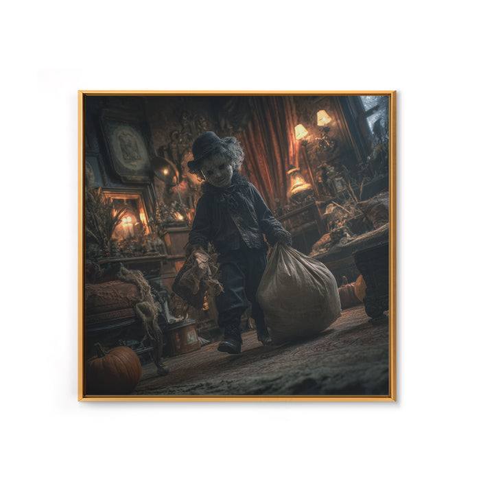 The Masked Candy Collector, Square Wall Art, Macabre Wall Art, Framed Canvas Print, Halloween Wall Decor, Gothic Home Decor