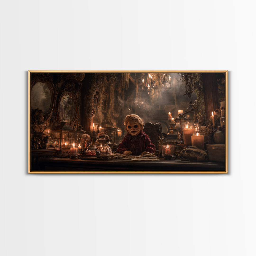 The Masked Candy Collector, Wide Panoramic Art, Dark Fantasy Wall Art, Canvas Print, Halloween Wall Decor, Gothic Home Decor