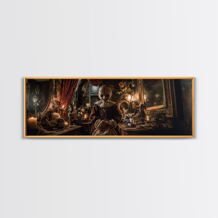 The Masked Candy Collector, Extra Wide Wall Art, Macabre Wall Art, Framed Canvas Print, Halloween Wall Decor, Gothic Home Decor