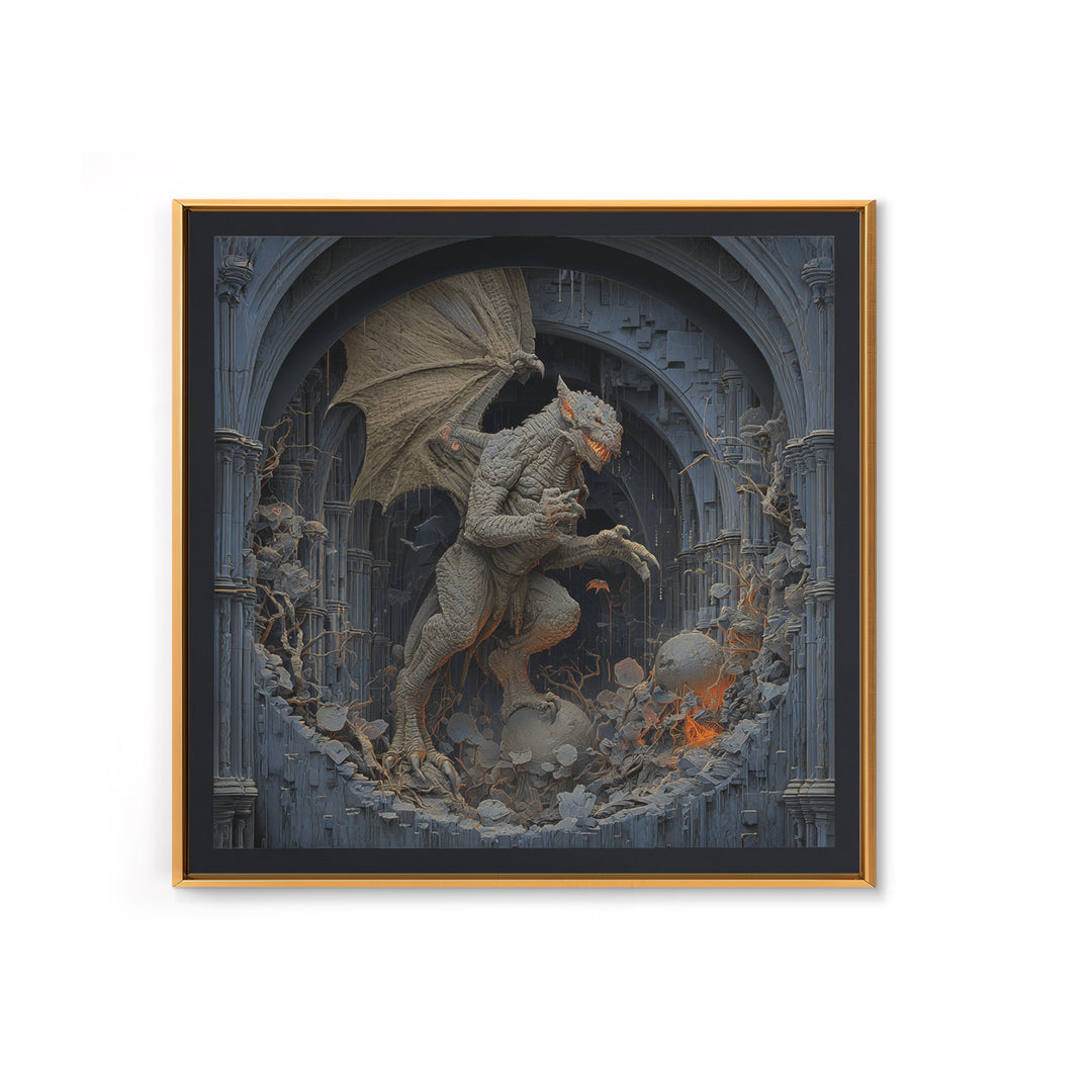 The Gargoyle Sentinel, Square Wall Art, Haunted Gothic Art, Framed Canvas Print, Halloween Wall Decor, Gothic Home Decor, Statement Wall Art