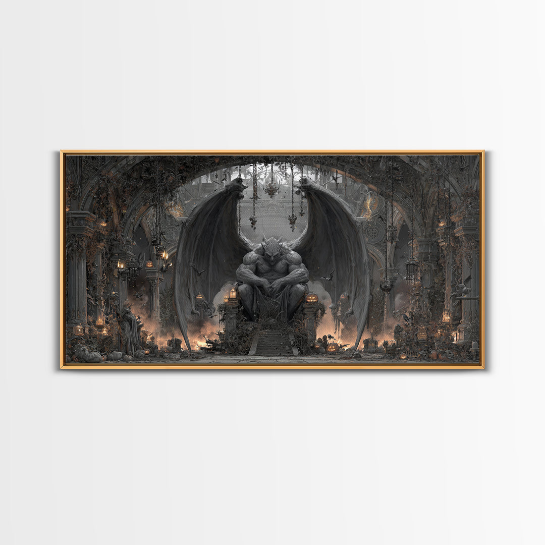The Gargoyle Sentinel, Wide Panoramic Art, Gothic Horror Wall Art, Framed Canvas Print, Halloween Wall Decor, Gothic Home Decor