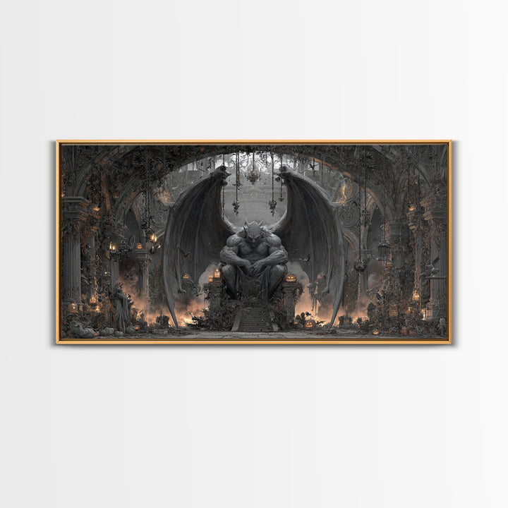 The Gargoyle Sentinel, Wide Panoramic Art, Gothic Horror Wall Art, Framed Canvas Print, Halloween Wall Decor, Gothic Home Decor