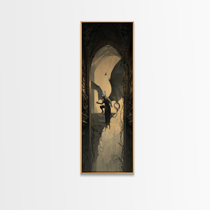The Gargoyle Sentinel, Tall Narrow Wall Art, Dark Halloween Decor, Canvas Print, Halloween Wall Decor, Gothic Home Decor, Dark Fantasy Art