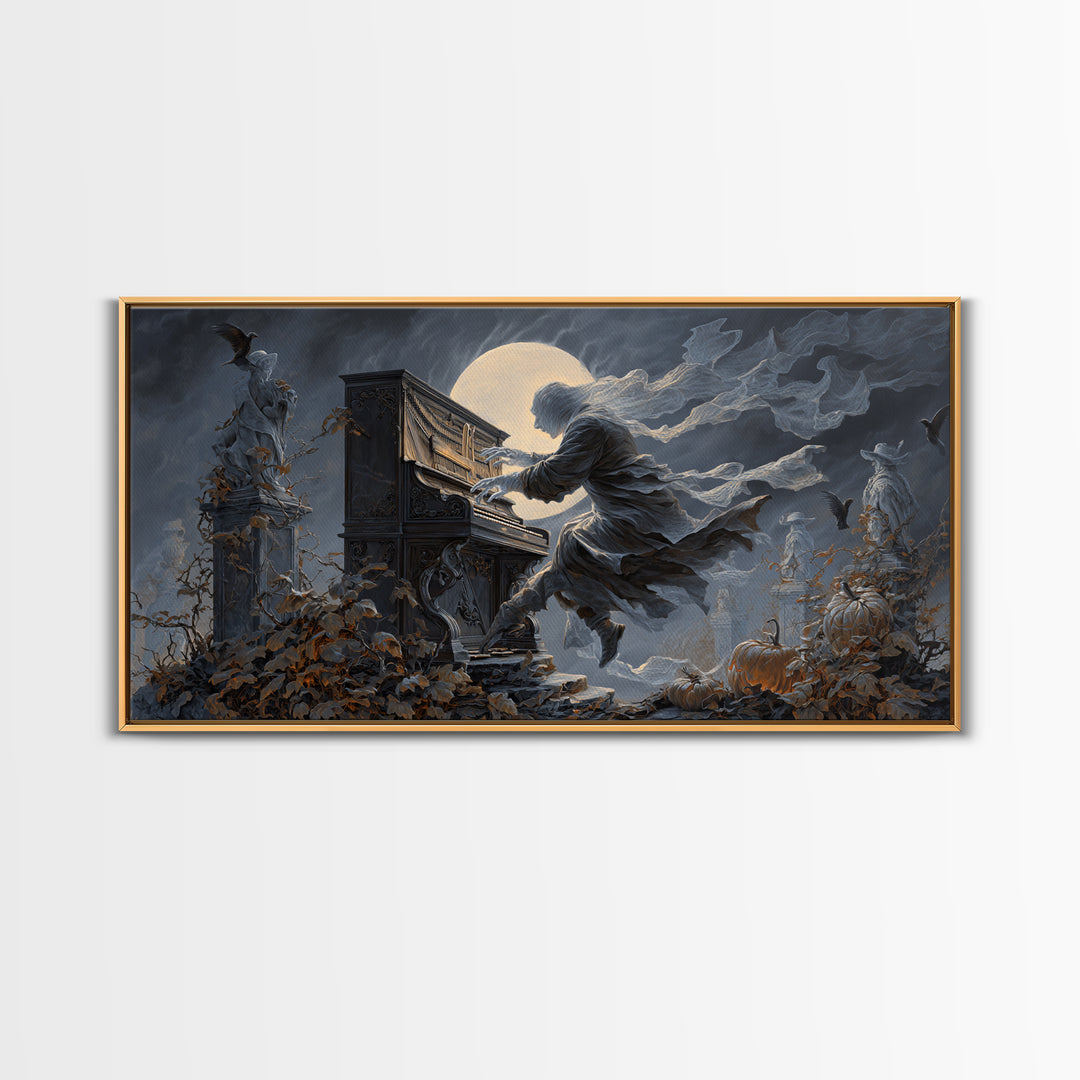 The Phantom Organist, Wide Panoramic Art, Haunted Gothic Art, Framed Canvas Print, Halloween Wall Decor, Gothic Home Decor