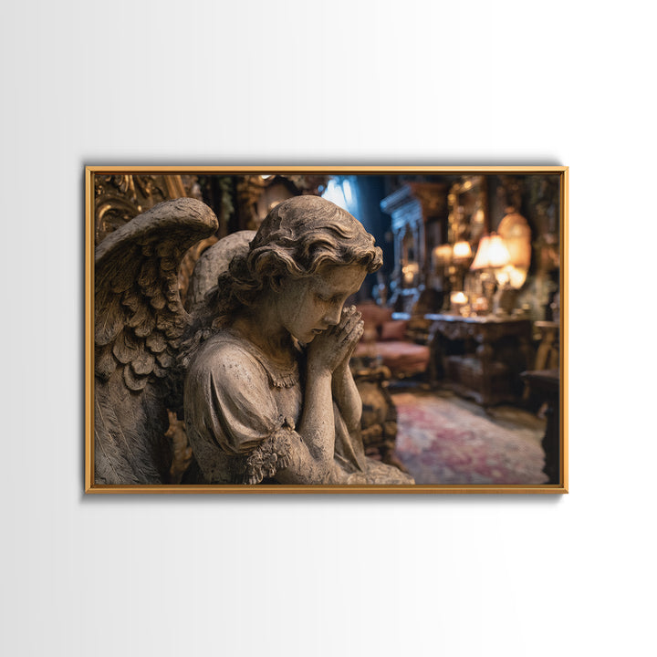 The Weeping Cemetery Angel, Landscape Wall Art, Haunted Gothic Art, Framed Canvas Print, Halloween Wall Decor, Gothic Home Decor