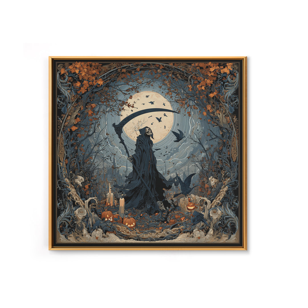 The Fog-Bound Reaper, Square Wall Art, Macabre Wall Art, Framed Canvas Print, Halloween Wall Decor, Gothic Home Decor, Horror Wall Art