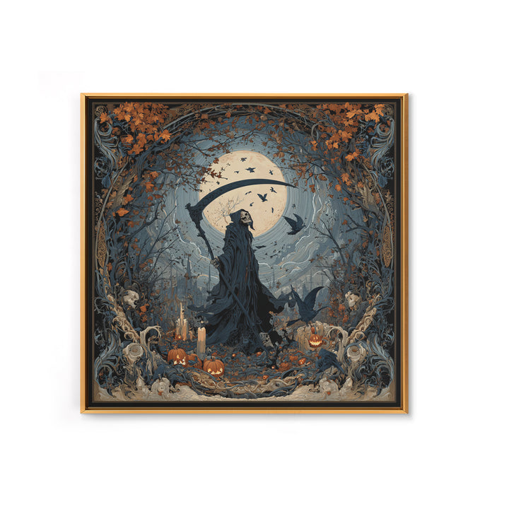 The Fog-Bound Reaper, Square Wall Art, Macabre Wall Art, Framed Canvas Print, Halloween Wall Decor, Gothic Home Decor, Horror Wall Art