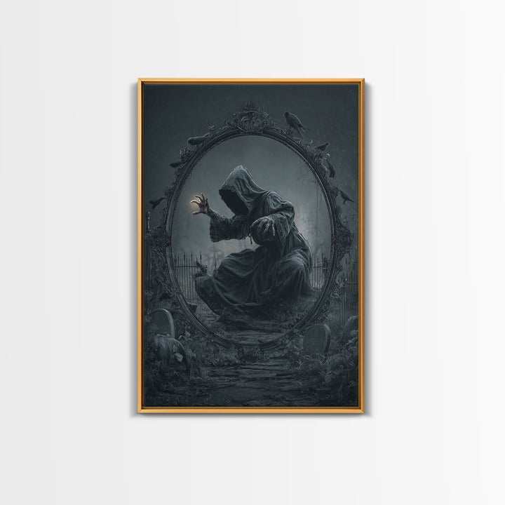 The Mirror Spirit, Vertical Wall Art, Gothic Horror Wall Art, Framed Canvas Print, Halloween Wall Decor, Gothic Home Decor, Macabre Wall Art