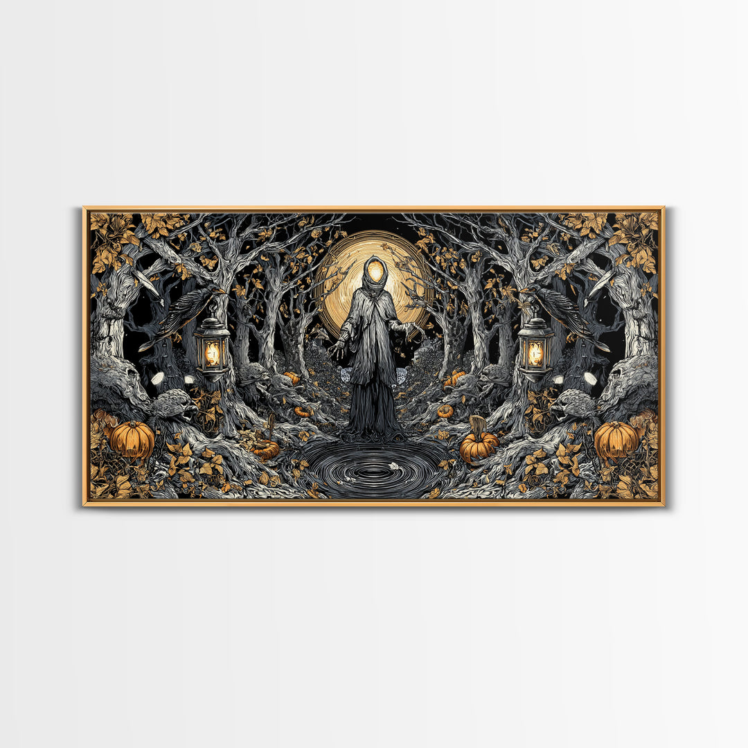 The Lantern Specter, Wide Panoramic Art, Gothic Horror Wall Art, Framed Canvas Print, Halloween Wall Decor, Gothic Home Decor