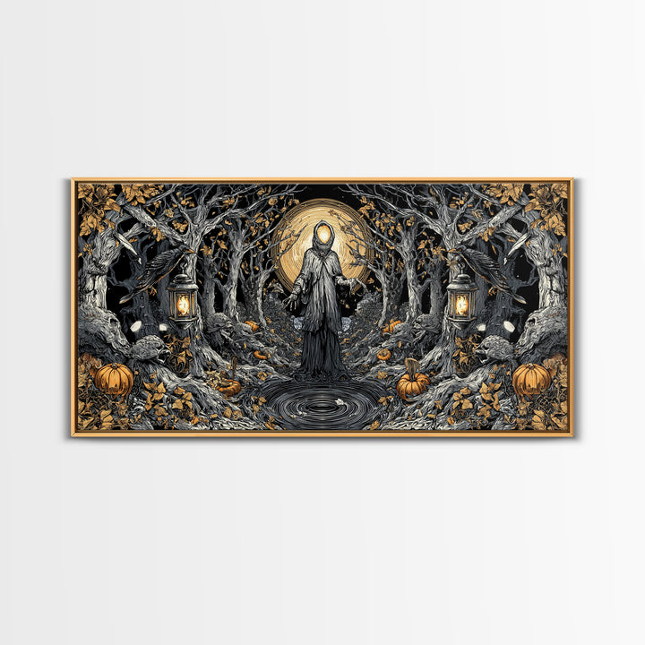 The Lantern Specter, Wide Panoramic Art, Gothic Horror Wall Art, Framed Canvas Print, Halloween Wall Decor, Gothic Home Decor