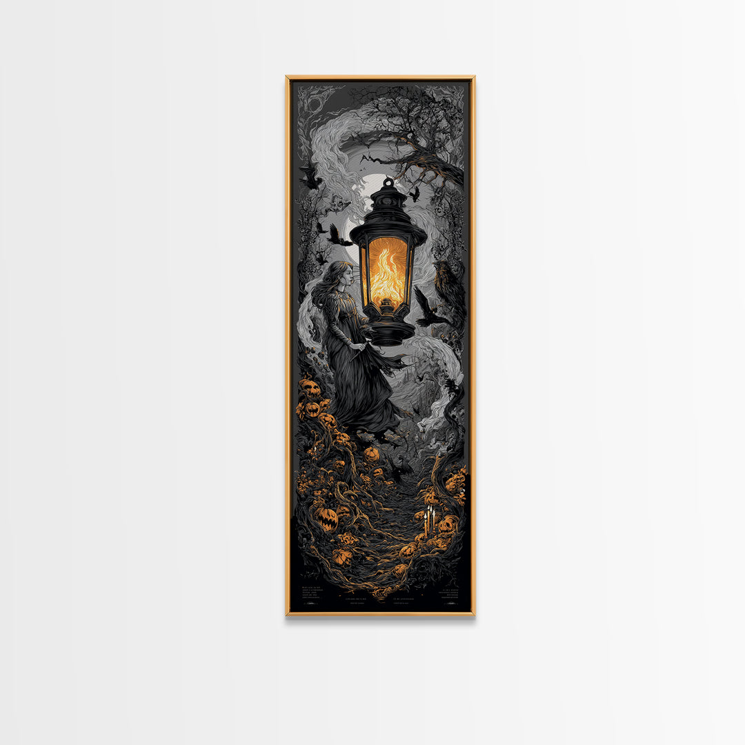 The Lantern Specter, Tall Narrow Wall Art, Haunted Gothic Art, Framed Canvas Print, Halloween Wall Decor, Gothic Home Decor