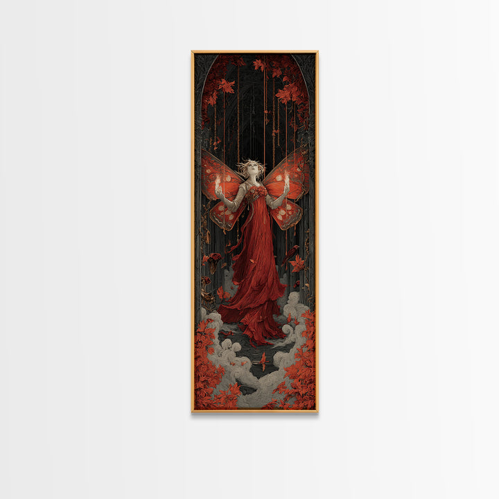 The Velvet Moth Witch, Tall Narrow Wall Art, Macabre Wall Art, Framed Canvas Print, Halloween Wall Decor, Gothic Home Decor