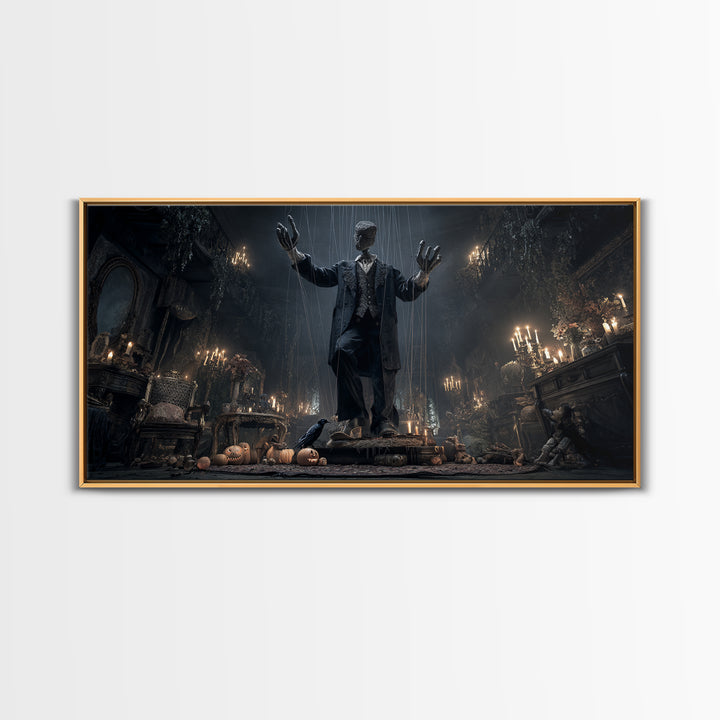 The Marionette Master, Wide Panoramic Art, Macabre Wall Art, Framed Canvas Print, Halloween Wall Decor, Gothic Home Decor, Spooky Wall Decor