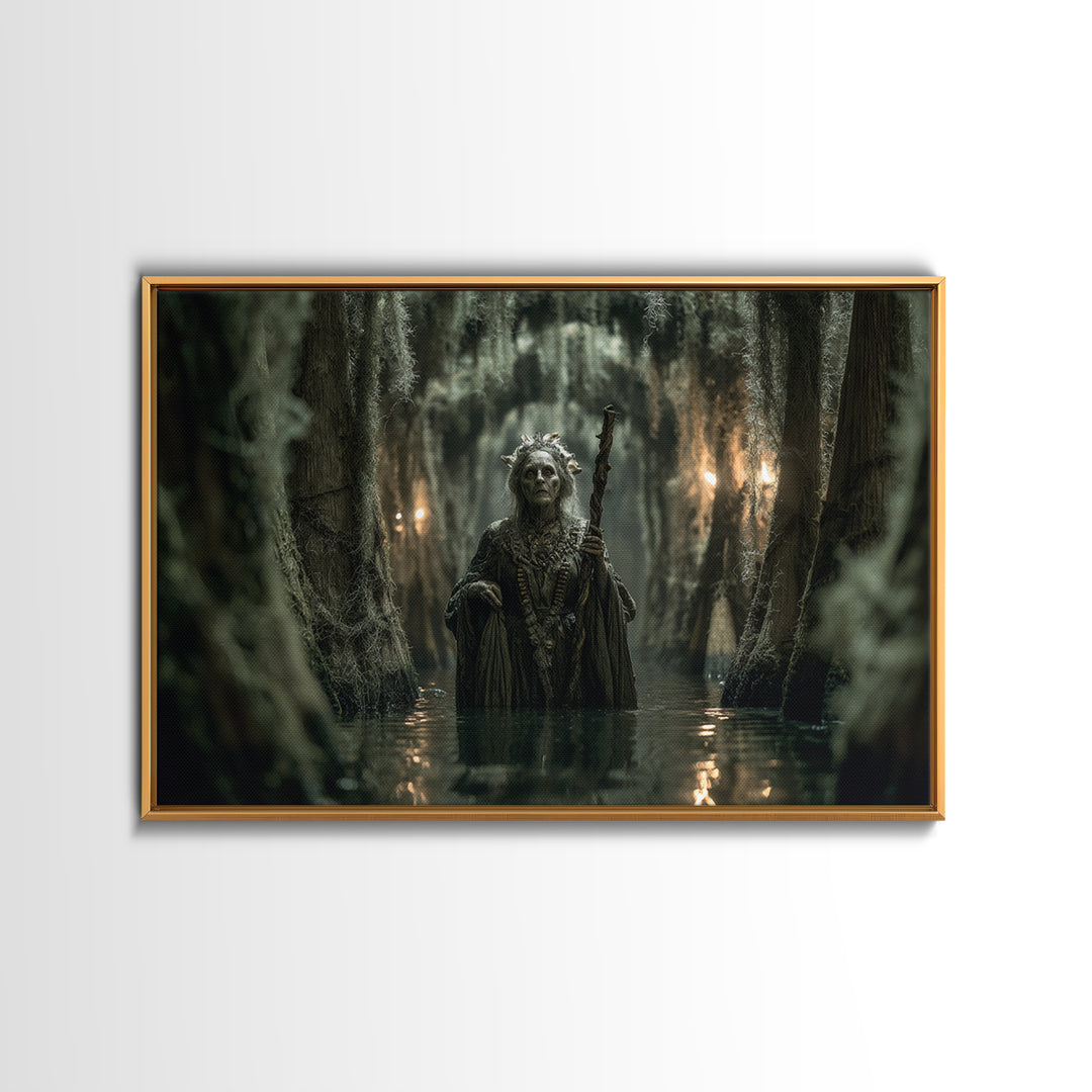 The Swamp Witch, Landscape Wall Art, Gothic Horror Wall Art, Framed Canvas Print, Halloween Wall Decor, Gothic Home Decor