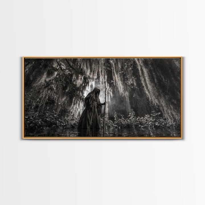 The Swamp Witch, Wide Panoramic Art, Gothic Horror Wall Art, Framed Canvas Print, Halloween Wall Decor, Gothic Home Decor