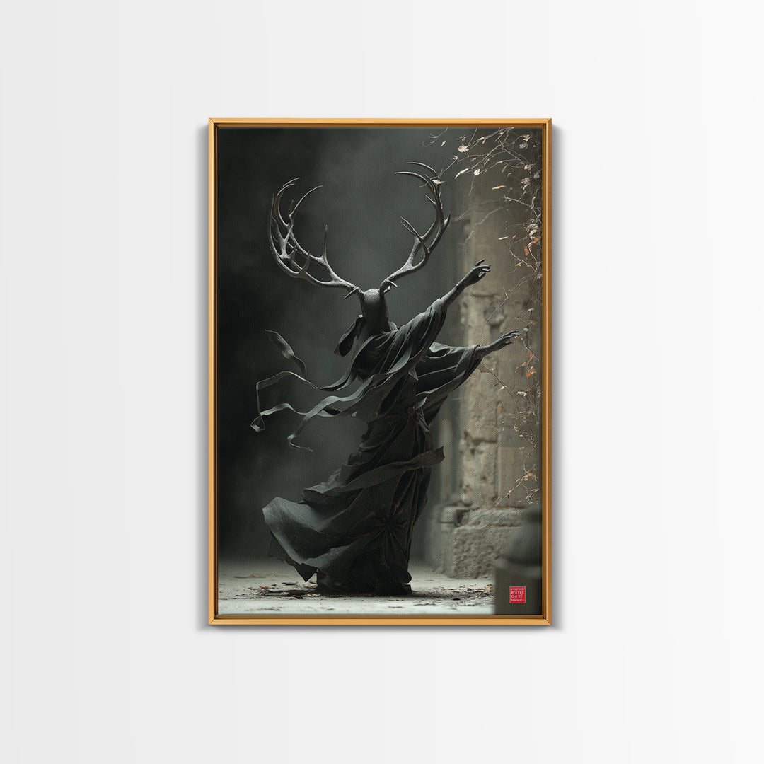 The Antlered Forest Spirit, Vertical Wall Art, Macabre Wall Art, Framed Canvas Print, Halloween Wall Decor, Gothic Home Decor