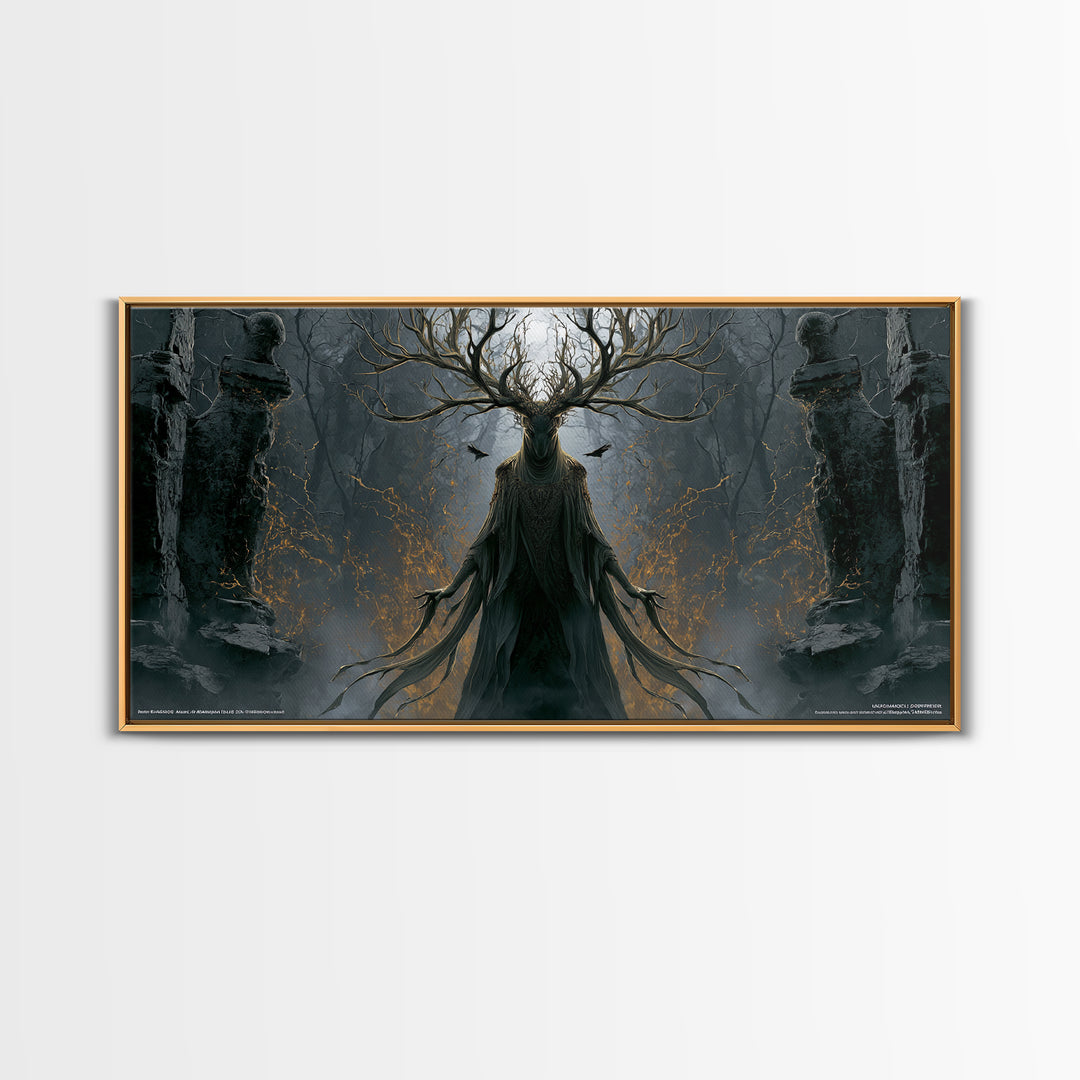 The Antlered Forest Spirit, Wide Panoramic Art, Gothic Horror Wall Art, Framed Canvas Print, Halloween Wall Decor, Gothic Home Decor