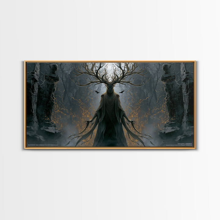 The Antlered Forest Spirit, Wide Panoramic Art, Gothic Horror Wall Art, Framed Canvas Print, Halloween Wall Decor, Gothic Home Decor