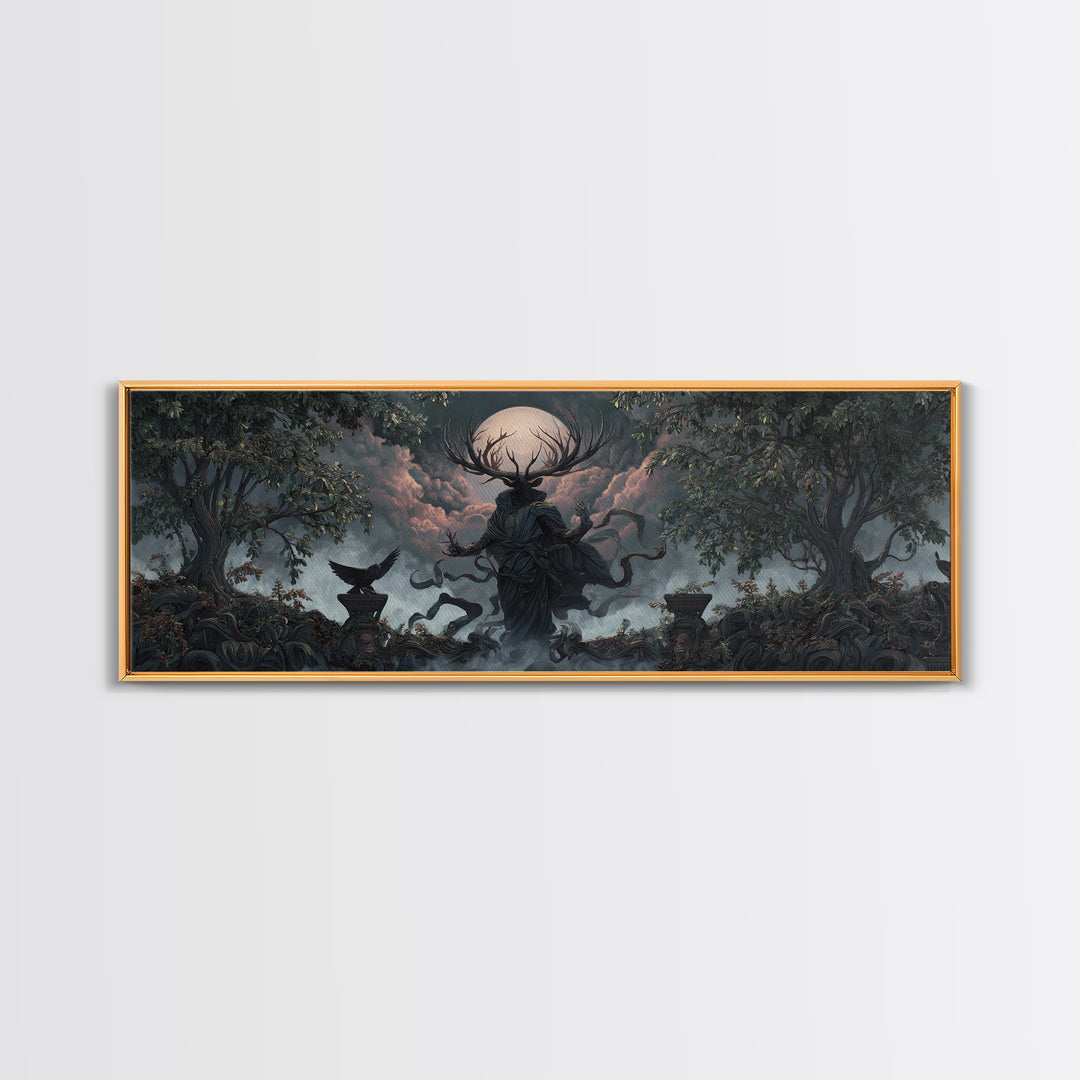 The Antlered Forest Spirit, Extra Wide Wall Art, Dark Fantasy Wall Art, Canvas Print, Halloween Wall Decor, Gothic Home Decor